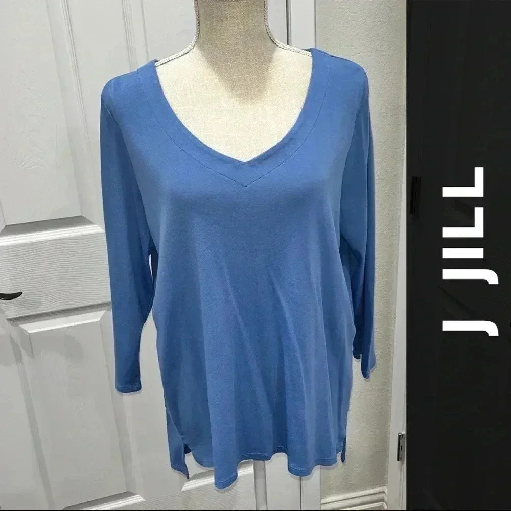 J. Jill 3/4 Sleeve V-neck Blue Pullover Top shirt blouse